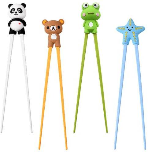 4-Piece Reusable Animal Chopsticks Set for Kids and Family, Personalized Chopsticks with Starfish Frog Panda Bear Patterns, Animal Print Tableware for School Lunch Box
