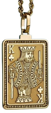 Collar con colgante en relieve de la carta del Rey de Tréboles, fabricado en plata de ley 925 con baño de oro, cadena de eslabones de 45 cm (18), dije rectangular para joyería unisex | WW_EMBO_00709