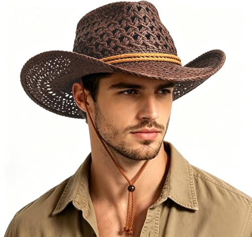 JINTN Men West Cowboy Hat Wide Brim Straw Bucket Hat Summer UV Protection Sun Hat Foldable Roll up Panama Fedora Hat Packable Straw Beach Travel Hat Brown