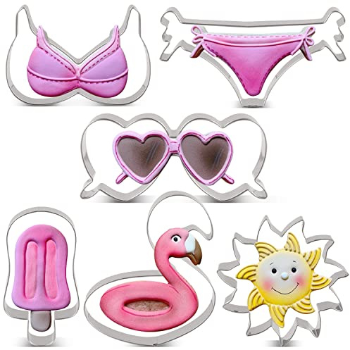 LILIAO Summer Beach Bikini Thema Keksausstecher Set - 6 Stück - Bikini BH Bikinihose Sonne Flamingo Float Eis Eis Eis Eis Form Sonnenbrille Keks Fondant Ausstecher - Edelstahl