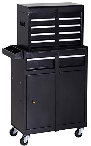 DURHAND Tool Chest 2 in 1 Metal Tool Cabinet Storage Box with 5 Drawers Pegboard Wheels 60x28x104.5cm Black