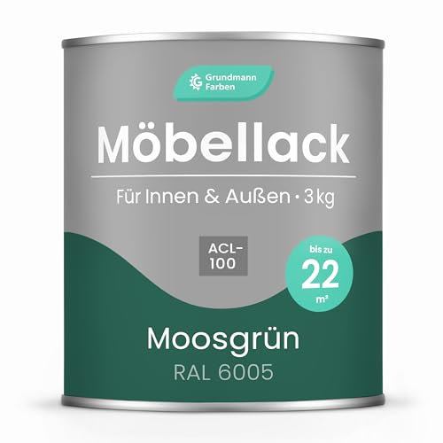 Grundmann Möbellack ACL 100 - Grün 3 Kg - Lösemittelfrei & Geruchsarm - 4in1 Möbelfarbe inkl. Grundierung - Innen und Außen - Für Holz, Metall & Kunststoff - RAL 6005 Moosgrün