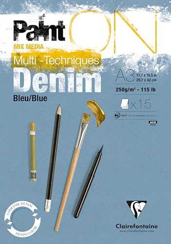 Clairefontaine 975702C - Malblock verleimt mit 15 Blatt Zeichenpapier PaintOn 29,7x42 cm 250g, denimblau, 1 Stück