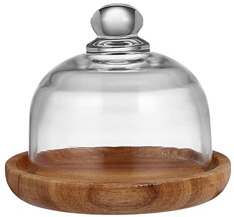 4.2 Inch Wooden Base Small Cake Display Stand with Glass Dome,Cloche Clear Glass Bell Jar Cover for Dessert Cheese Candy Plants Succulents