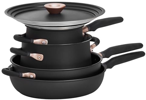 Meyer Accent Induction Hob Pan Set Non Stick - 6 Piece Stackable Pots and Pans Set with Universal Lids & Anti Spill Shape, Black, Stainless Steel & Non Stick