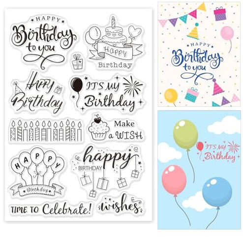 GLOBLELAND Happy Birthday Theme Clear Stamps Birthday Cake Gift Silicone Clear Stamp Seals for Cards Making DIY Scrapbooking Photo Journal Album Decor Craft