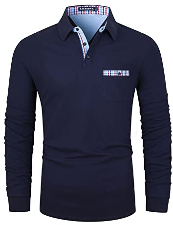 LIUPMWE Mens Polo Shirt Long Sleeve Contrasting Plaid Splice Cotton Polo Shirts