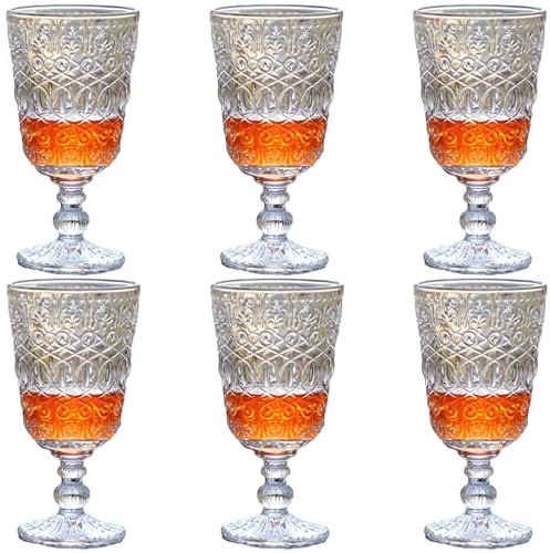 Taganov Clear Vintage Drinking Glasses set of 6 Glassware Wine Goblets 10 OZ Pretty Stemmed Cup for Wedding Party Bar