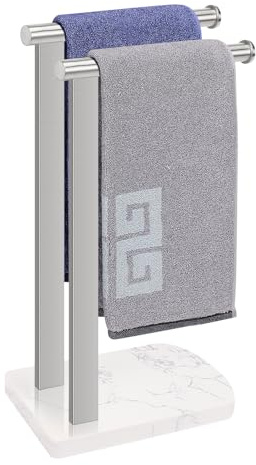 NearMoon, Portasciugamani con base in marmo bilanciato, supporto in acciaio inossidabile SUS304, a forma di L, portasciugamani autoportante, per bagno e cucina, doppia asta in nichel spazzolato