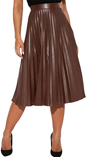 Falda midi de piel sintética para mujer, falda plisada de cintura alta, color sólido, falda acampanada de cuero, con cremallera, falda larga, café, 44