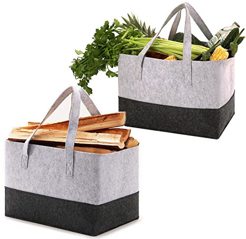 2 Stück Filz Shopper Einkaufstasche Groß, Faltbar Holzkorb aminholztasche faltbare Tragetasche Einkaufstasche Filzkorb Brennholz zur Aufbewahrung 38 x 25x25cm