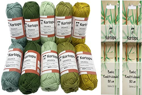 Baumwollgarn Häkelgarn – Farbsets zur Auswahl- Strickgarn aus 100% Ökotexzertifizierte Baumwolle - zum Stricken und Häkeln -10x50gr + 2 hochwertige Bambus Rundstricknadel 80cm 3,0 +4,0 mm- Set (03)