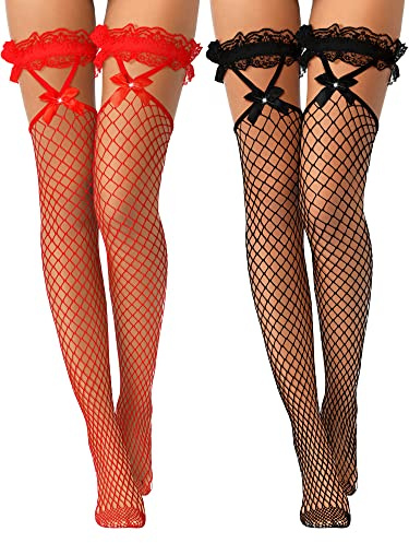 Geyoga 2 Pairs Lace Top Fishnet Stockings Bow Suspenders Thigh High Stockings Mesh Hold up Stockings for Women (Black, Red)