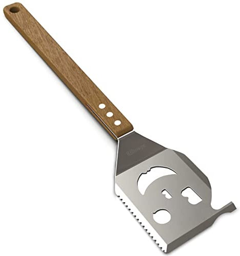 Barbecue Accessori, Attrezzi per Barbecue 5 in 1,Spatola per Barbecue, con Funzione di Set di Utensili per Barbecue. Manico in Legno (Colore del legno). Regali per Papà.