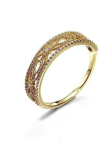 AMDXD Gold 585 Ring für Damen, Vintage Retro Hohl Hochzeitsring mit Diamant Rund, 14K Gold Verlobungsring Bandringe Echt Goldschmuck, Gold, Gr.60