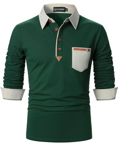 QUNERY Poloshirt Herren Langarm Getäfelt T Shirts Golf Tennis Hemden Casual Tops Grün L