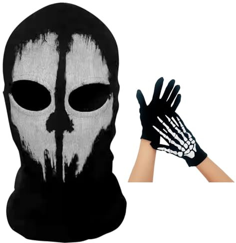 GWAWG COD, passamontagna MW2 con teschio fantasma, costume da scheletro a testa intera, maschera da sci e scaldacollo lavorata a maglia, antivento, con guanti scheletrati, per bici, skateboard, moto,