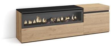 Skraut Home | Mueble TV | Televisión | Muebles de salón, almacenaje | 150x45x35cm | para TV hasta 65 | Chimenea eléctrica | Estilo Moderno | Roble y Negro