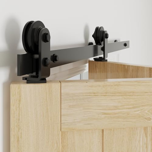 WINSOON 152,4 cm Doppelfalt-Scheunentür-Hardware-Kit für 2 Schiebetüren, schwarzes Falttüren-Set, Karbonstahl, Flache Schiene, gerades Design, leichtgängige leise Rolle (Türen Nicht im Lieferumfang
