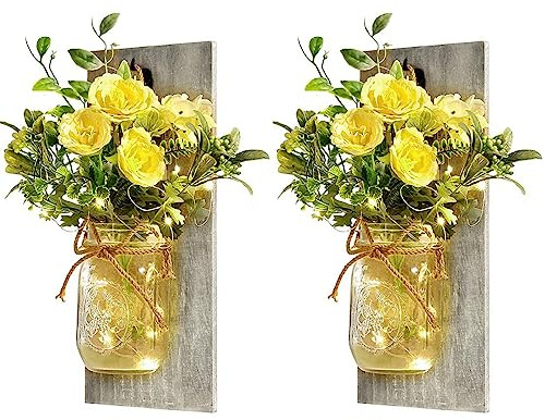belupai Pcscevcr Set of 2 Mason Jar Sconces, Rustic Hanging Mason Jars Wall Lights with Artificial Flower and Wood Board, for Bedroom Garden Wall Decor (Gray)