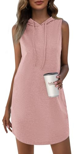 WNEEDU Sommerkleid Damen Mini Sweatshirtkleid Kordelzug Ärmellos Kleid mit Kapuze Rosa XL