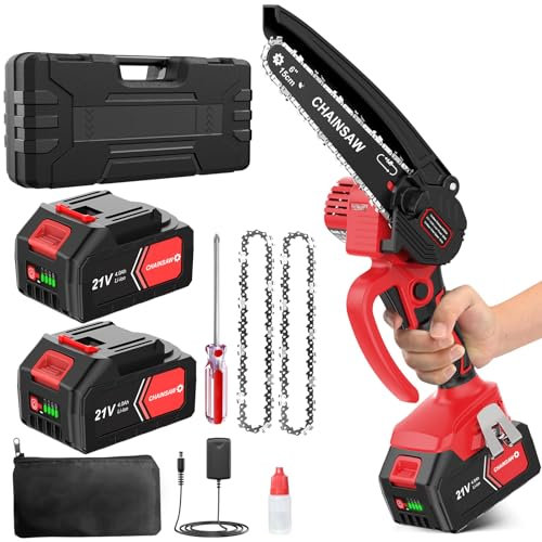 Mini Chainsaw Cordless 6 Inch 8000mAh, Electric Saw Battery Chainsaw with 2 Batteries 4000mAh and 2 Super Chains, Electric Chainsaw for Tree Branches and Garden Cutting