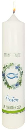 Wiedemann Kerzen Taufkerze 265 x Ø 60 mm in Weiß Meine Taufe - Fisch blau und Namensverzierung