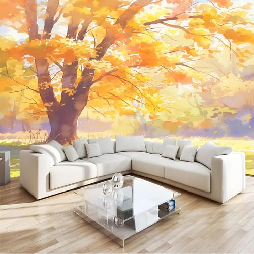 Papier Peint 3D Panoramique Arbre Jaune D'Automne Fresque Murale Moderne Pour Salon & Chambre, Décoration Murale Intissé Écologique - Installation Facile200 X 140 Cm