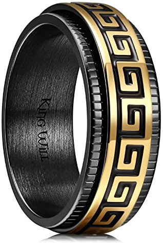 King Will Bague de mariage en acier inoxydable pour homme 8 mm Noire plaquée or grec clé Fidget Ring, X 1/2(67.19mm), Acier inoxydable, Aucune pierre précieuse