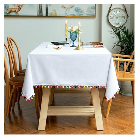 Epinki Tischdecken 140x200CM, Tischtuch Einfarbig mit Bunt Samtball Baumwolle Leinen, Tischdecken für Biertische Tischbedeckung für Küche Esstisch Dekoration Geeignet für Home Küche, Weiß