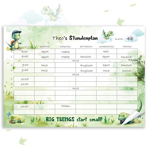 TOBJA Dino Drache Stundenplan 1. Klasse - A4 Block, 25 Seiten - Einschulungsgeschenk Füllung Schultüte Jungen u. Mädchen, Stundenplan Papier