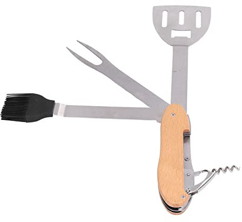 Aladeno 5-in-1-Grillwerkzeug-Set, multifunktional, faltbar, tragbar, Spatel, Bürste, Gabel, Flaschenöffner, Kombi-Set, Edelstahl, Grillzubehör für Zuhause, Küche, Camping