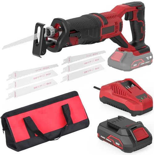 Scie Sabre Sans Fil, 20V Brushless Scie Sabre à Batterie, 2 Batteries, Chargeur rapide, 6 Lames de Scie, Vitesse variable 0-3000RPM pour Couper Bois, Métal et PVC
