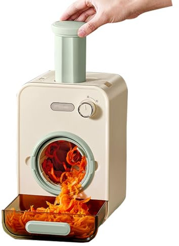 VoOqo Grattugia Elettrica per Formaggio, Affettaverdure, Insalata Elettrica di Grande Diametro da 110 Mm con 3 Lame Sostituibili e Scatola di Immagazzinaggio, Facile da Pulire, per Patate Intere