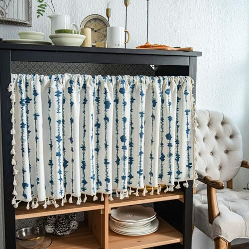 Lirzxin Küchengardinen, Bistrogardine Halbtransparente Küchengardinen Elektrokardiogramm Muster mit Quasten Baumwolle Leinen Fensterschal für Küche Wohnzimmer, 150x45CM, Beige Blau, 1 Stück
