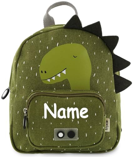 Elefantasie Personalisierter Kinderrucksack von Trixie mit Name für Kindergarten und Kita optional mit Trinkflasche Motiv Dino grün (Rucksack)