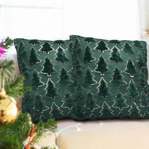 LAMEK 2 Stück Weihnachtsbaum Kissenbezug 45x45 cm Weihnachten Baum Kissenhülle Weihnachts Kissen ohne Spruch Christsbaum Dekorative Sofakissen Weihnachtsdeko für Schlafzimmer Wohnzimmer, Grün+Grün