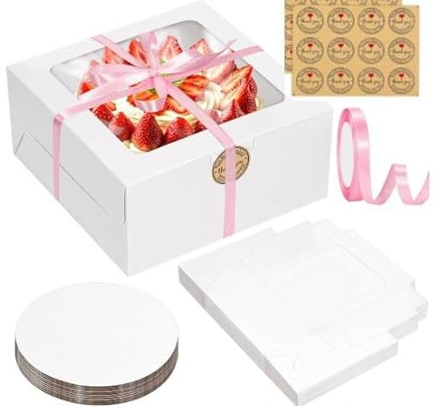 Huntone Lot de 10 boîtes à gâteau de 20 x 20 x 10 cm avec planche à gâteau et 2 rouleaux de ruban de satin noir et doré pour gâteaux - 12 feuilles d'autocollants - Boîte à gâteau blanche avec fenêtre