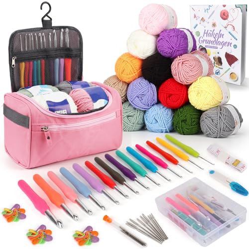 Coopay Set di 73 uncinetti per principianti, portatili, con 15 lana, sac, accessori per uncinetto, uncinetti ergonomici da 2,0 a 10 mm, con lungo manico morbido, pratico, rosa