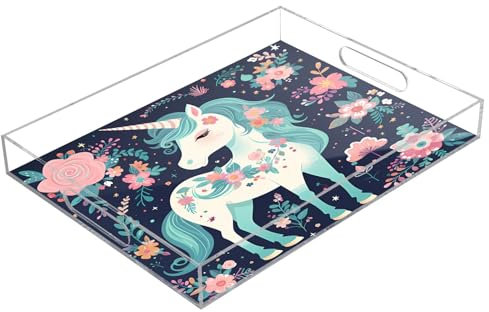 Floral Unicorn Acrylic Serving Trays, Clear Rectangular Tray with Handles Serving Platter for Coffee Table Kitchen Bathroom