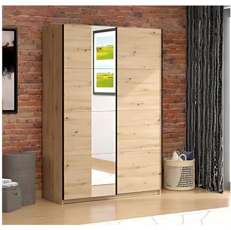 Modern Oak Effect Sliding Wardrobe with Full-Length Mirror - 145.5cm Wide Bedroom Storage Closet | Space-Saving Design with Hanging Rail & Adjustable Shelves