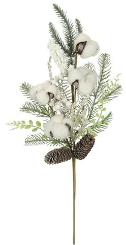 Künstlicher Tannenzweig mit Beeren Zapfen Eukalyptus Baumwolle beschneit 63cm Dekozweig Tannengrün Adventskranz Deko Zubehör Kranz Weihnachtsdeko Stiel Kunstzweig Kunstblume AST, 63 cm