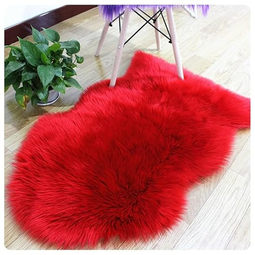 Rockreyoa Lammfell Schaffell Teppich Faux Lammfell Schaffell Teppich Fellteppich Kunstfell Weicher Fell Carpet Kunstfell Teppich Longhair Flauschiger Teppich für Bettvorleger Sofa Rot 60x90cm