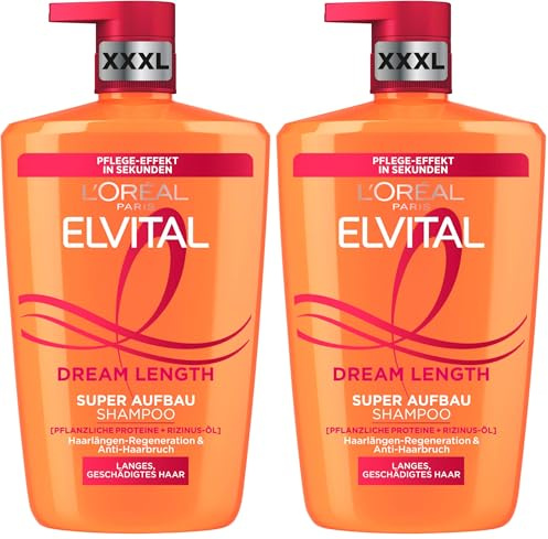 L'Oréal Paris Elvital Dream Length Super Aufbau Shampoo, für traumhaft langes Haar, mit Rizinus-Öl, Vitaminen & pflanzlichen Proteinen, 1 x 1000 ml (Packung mit 2)