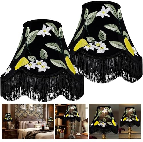 GO&SO Black Floral Embroidery Bell Lamp Shades Set of 2,Handcrafted Silk Petal Edge with Fringe Trim,6x13x10.6(Spider),Vintage Ornate Lamp Shade Replacement for Table,Floor Lamps,Easy Assembly