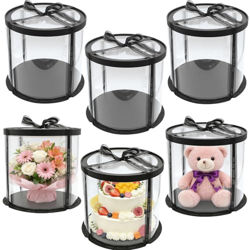 Zentriqlla 6 Pack Clear Cake Box with Ribbon, Round Transparent Tierd Cake Carrier, 10x10x9 inches Black Bakery Gift Boxess for Pastries with Lid and Black Board, Display Wedding Gift Packaging