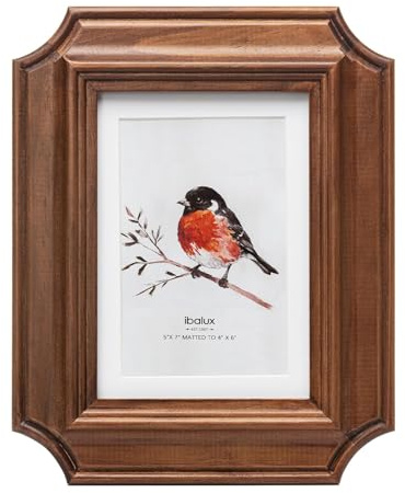ibalux 5x7 Octagonal Picture Frame Pine, Walnut-Colored Wood with Real Glass, Matted to 4x6, Vertical and Horizontal for Tabletop or Wall Hanging Display Photo Frame