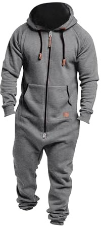 Huvtröja herr dragkedja, overall herr jumpsuit jogging kostym träningsoverall med huva och dragkedja bomull hemmadräkt varm vinter onepiece joggingdräkt bekväm mjuk one piece sportdräkt, GRÅ, XL