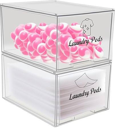 Laundry Pods & Trocknertücher Behälter – 2er Set transparent mit Schublade & Deckel, Wäschepods Aufbewahrungsbox für Waschmittelkapseln, Weichspülerblätter, Waschraum Organizer 20×12×11 cm