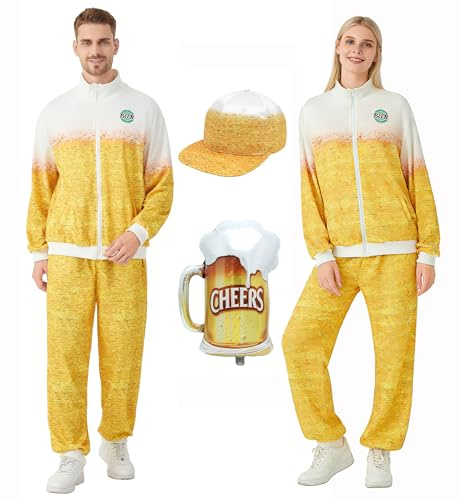 Heionia Bier Trainingsanzug Kostüm für Herren Damen Retro 80er 90er Jahre Outfit Jogginganzug für Halloween Oktoberfest Mottoparty Fasching Karneval
